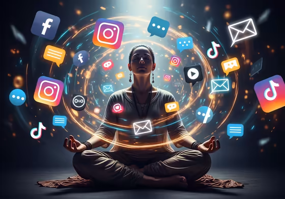 A person trying to pray is surrounded by a storm of digital notifications.