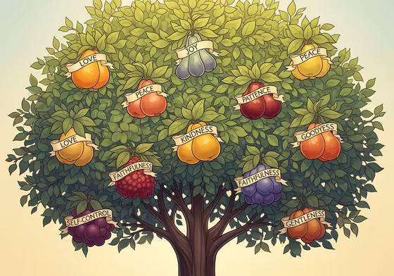 A healthy, vibrant tree with nine types of fruit, each labeled with one of the Fruits of the Spirit.