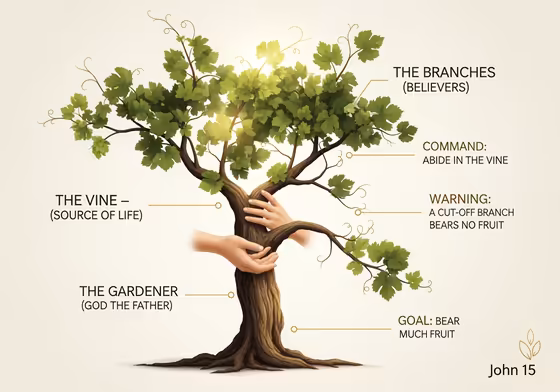 An infographic illustrating the 'Vine and Branches' metaphor from John 15, showing the Vine as Jesus, the Gardener as God the Father, and believers as the branches.