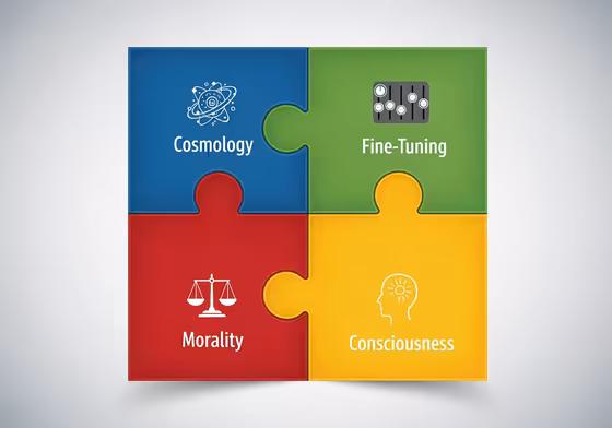 Four puzzle pieces labeled Cosmology, Fine-Tuning, Morality, and Consciousness fitting together.