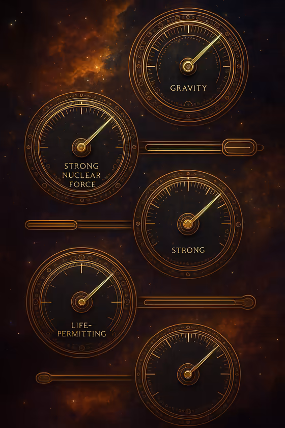 A series of cosmic dials and sliders, each set to a precise, razor-thin green zone labeled 'Life-Permitting'.